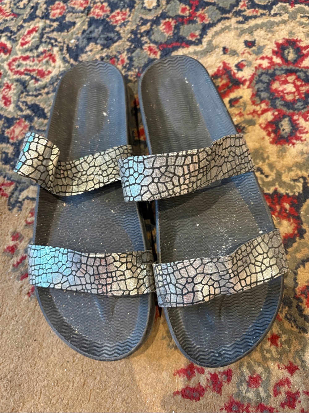 Women's Black Slide Sandals with Iridescent Crackle Straps